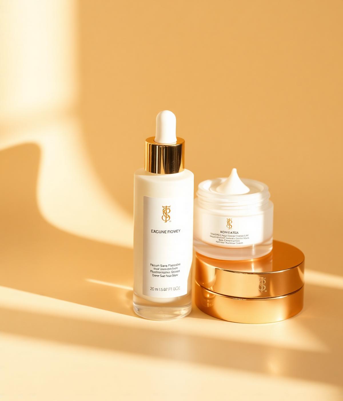 Luxury Regenia skincare bottles in golden light